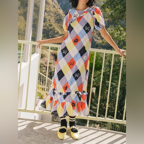 NWT Lisa Says Gah Teagan Ruffle Dress Cirque Argyle Plaid Flower Bow Size Small - Picture 2 of 7